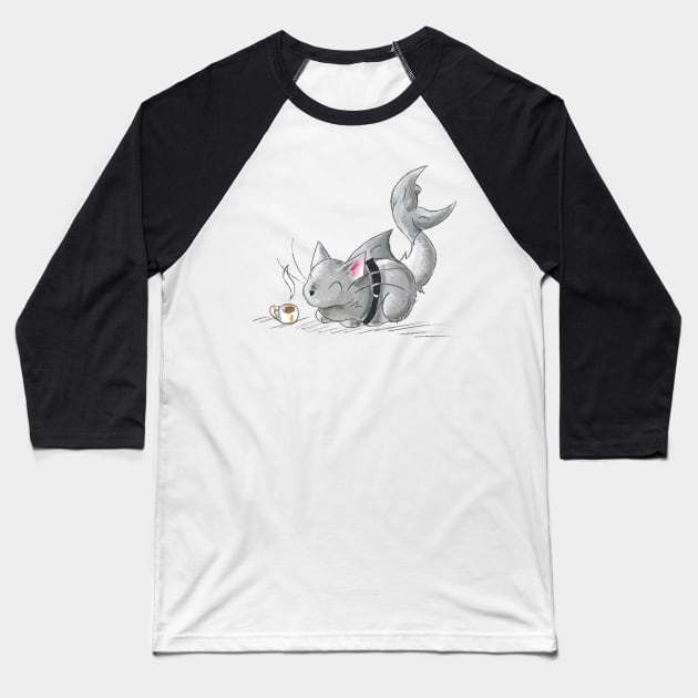 Coffee Loving Cat Shark Baseball T-Shirt by KristenOKeefeArt